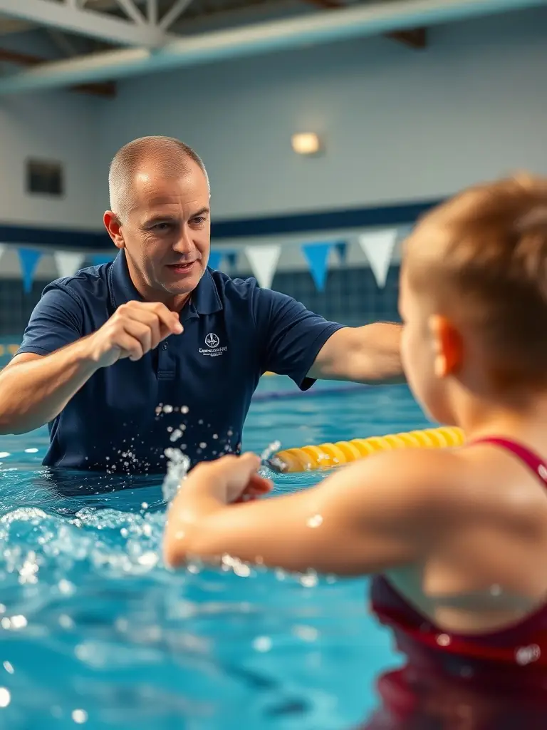 A picture of a coach providing personalized instruction to a swimmer, highlighting the skill development aspect of Natation 15.