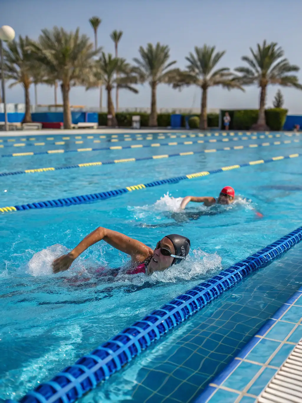 A photo of a group of diverse swimmers laughing and interacting positively during a break at the pool, showcasing the social aspect of Natation 15.