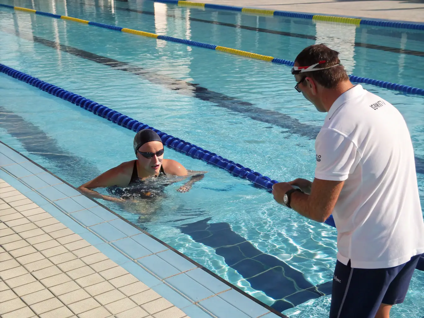 A coach providing personalized instruction to a young swimmer, focusing on skill development and technique in a clear, blue swimming pool.