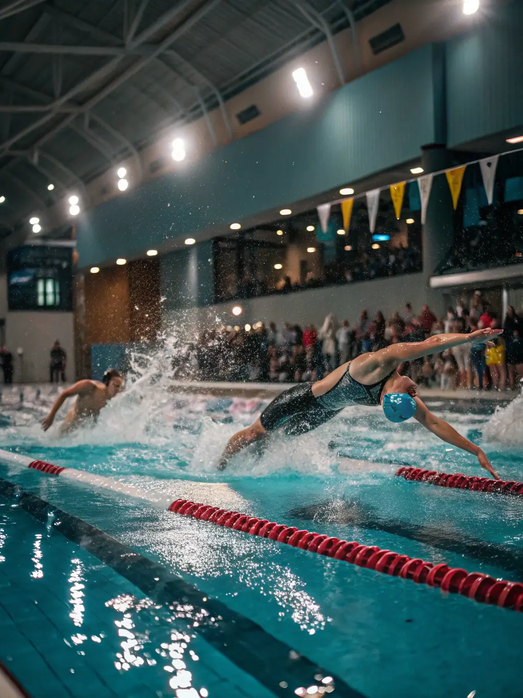 A group of young swimmers diving into a pool during a competitive swimming event, showcasing the energy and excitement of Natation 15's competitions.