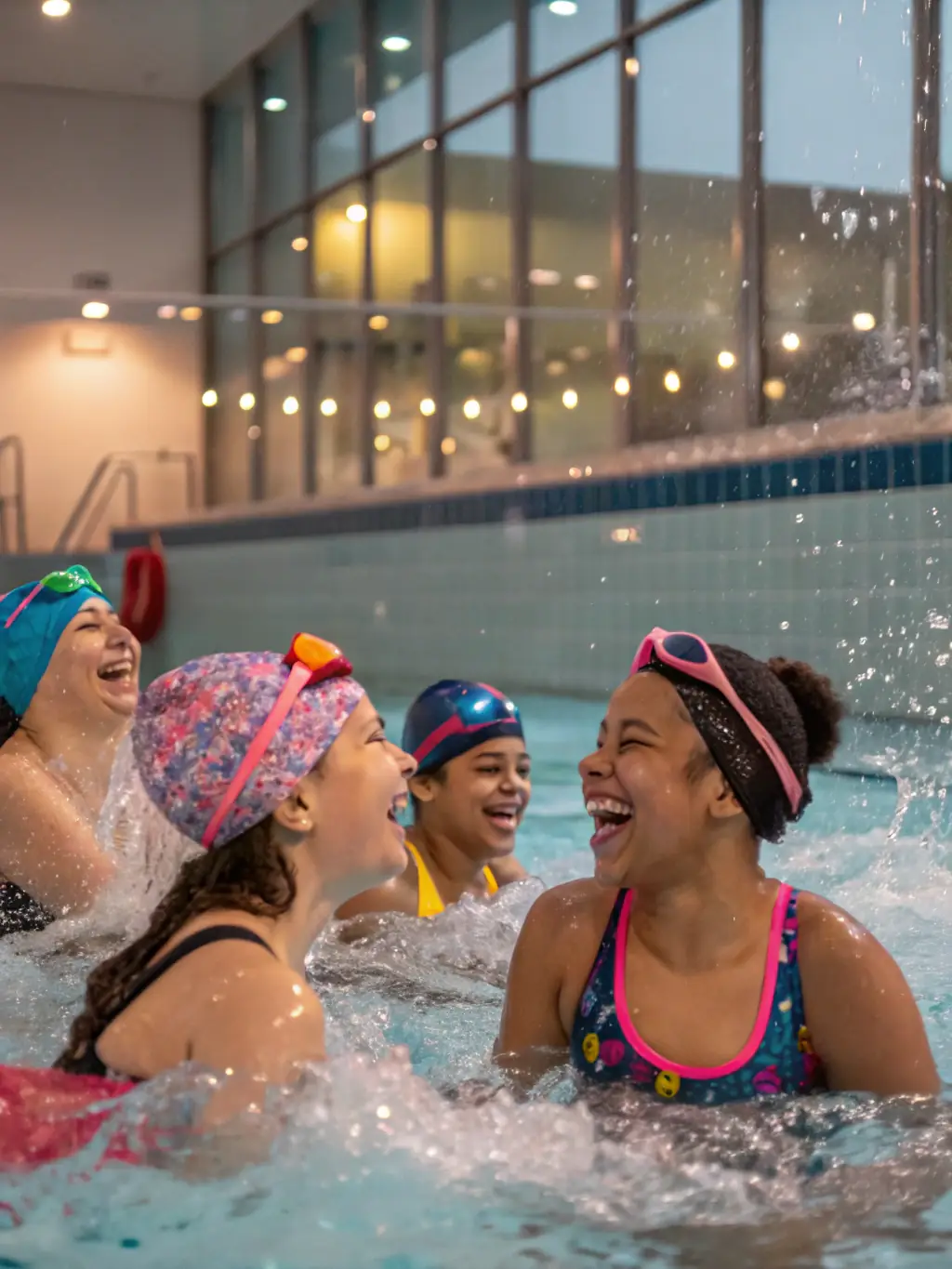 Swimmers of different ages and skill levels competing in a friendly swimming competition at Natation 15, showcasing sportsmanship and community spirit.