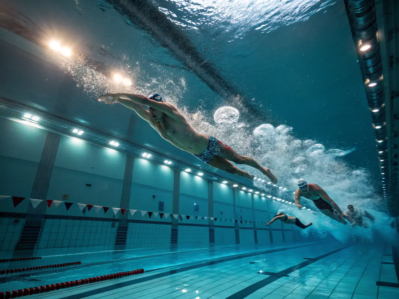 Participants of various ages and abilities are joyfully competing in a swimming race, demonstrating the spirit of competition and inclusivity.