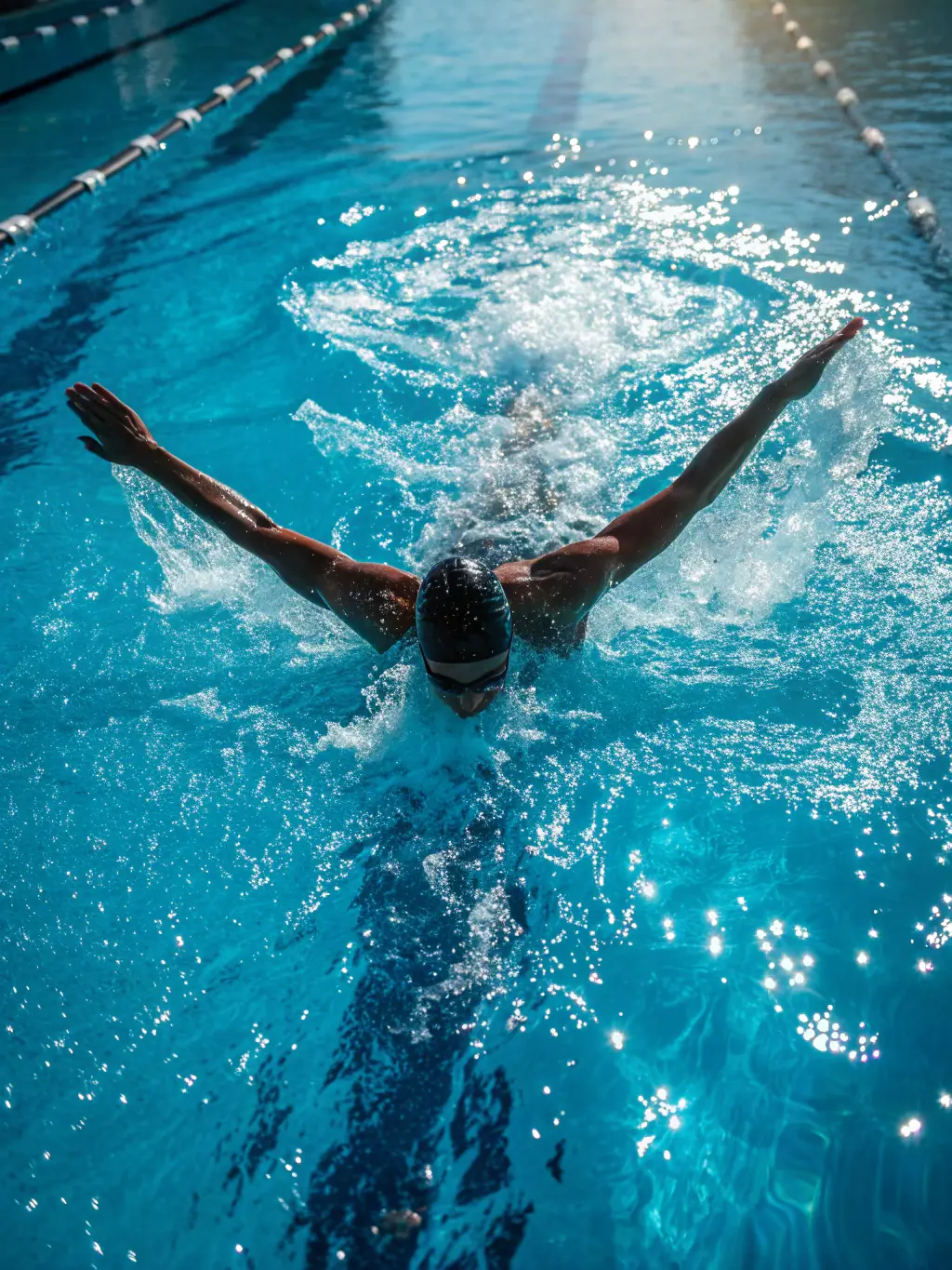 A serene image of a swimmer gliding through the water, emphasizing the physical and mental well-being benefits of swimming.