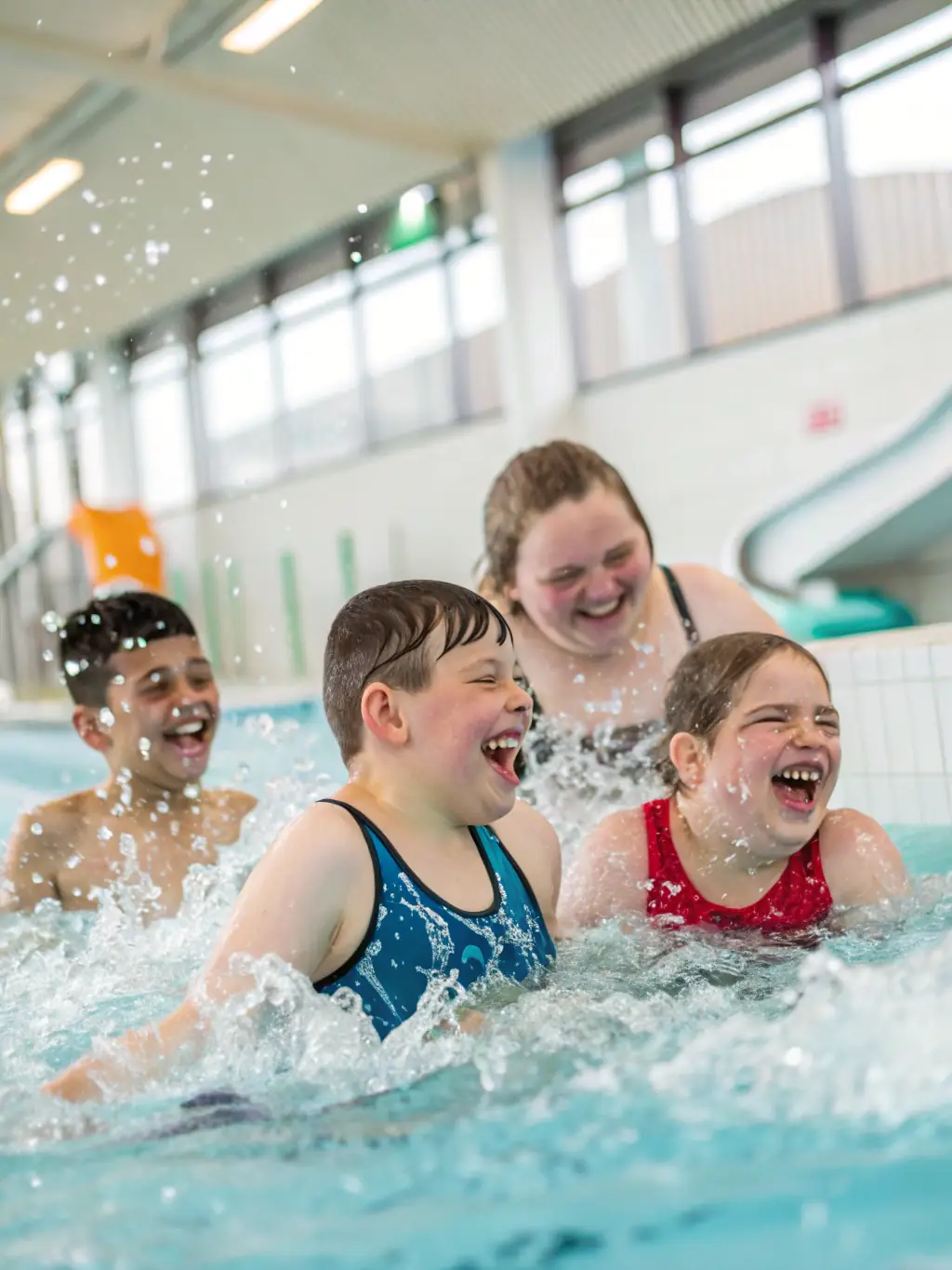 A group of children with varying abilities participating in a swimming lesson, guided by an instructor, in a bright and cheerful indoor pool at Natation 15.